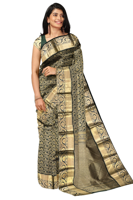 Southloom Double Warp Handloom Pure Silk Kanchipuram Dark Green Manthrakodi Saree with Kasavu Woven Works