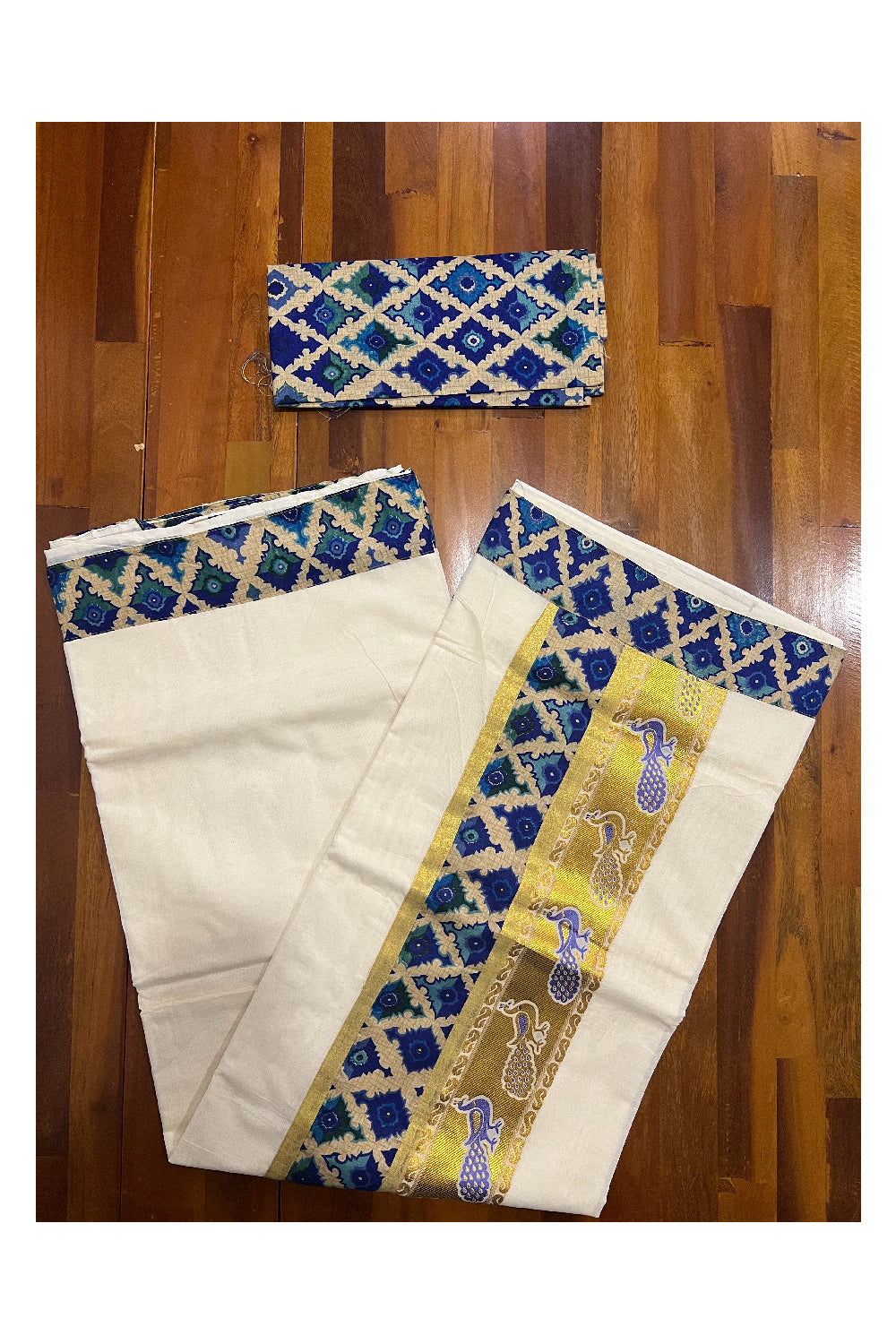 Kerala Pure Cotton Kalamkari Printed Kasavu Saree with Printed Blouse Piece