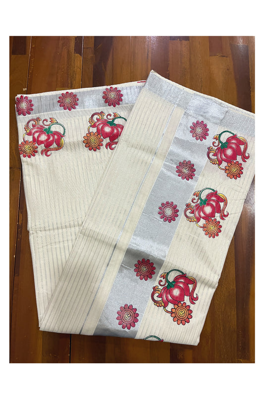 Pure Cotton Kerala Saree with Silver Lines and Floral Mural Prints on Body