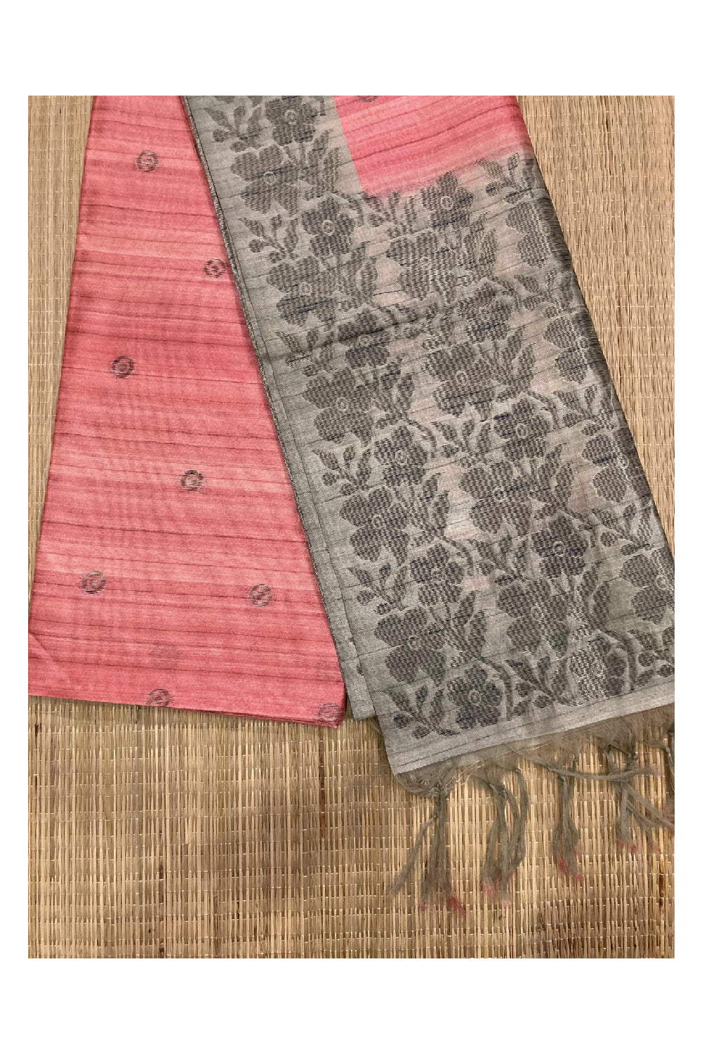 Southloom Pink Semi Tussar Designer Saree with Floral Woven Border