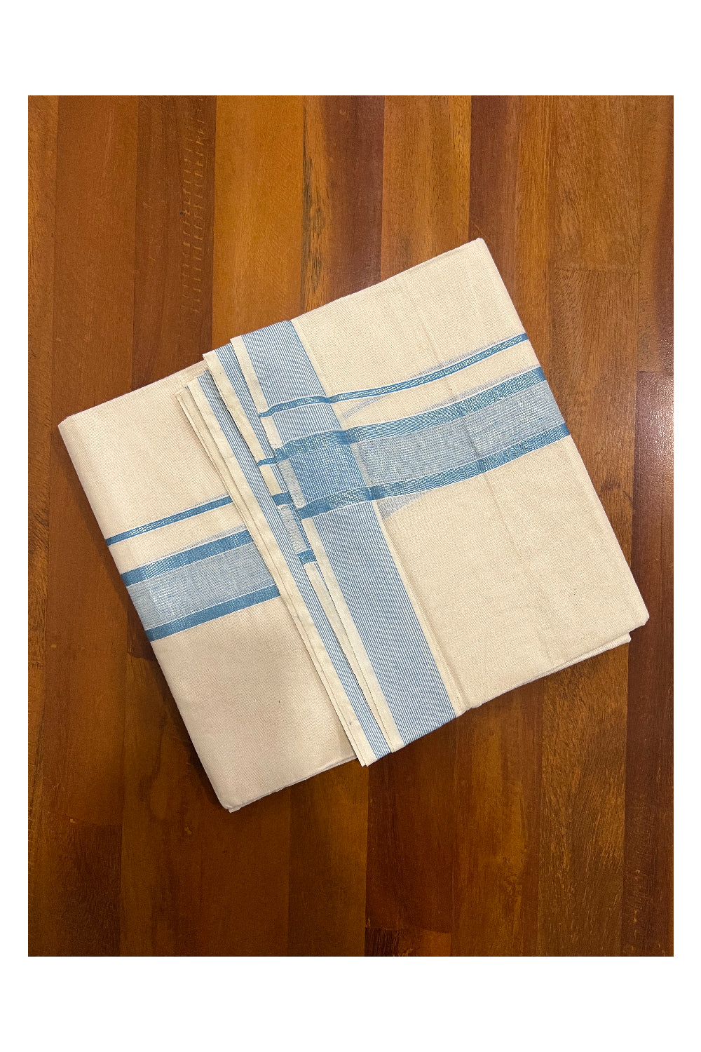 Pure Cotton Off White Double Mundu with Light Blue and Silver Kasavu Border (South Indian Dhoti)