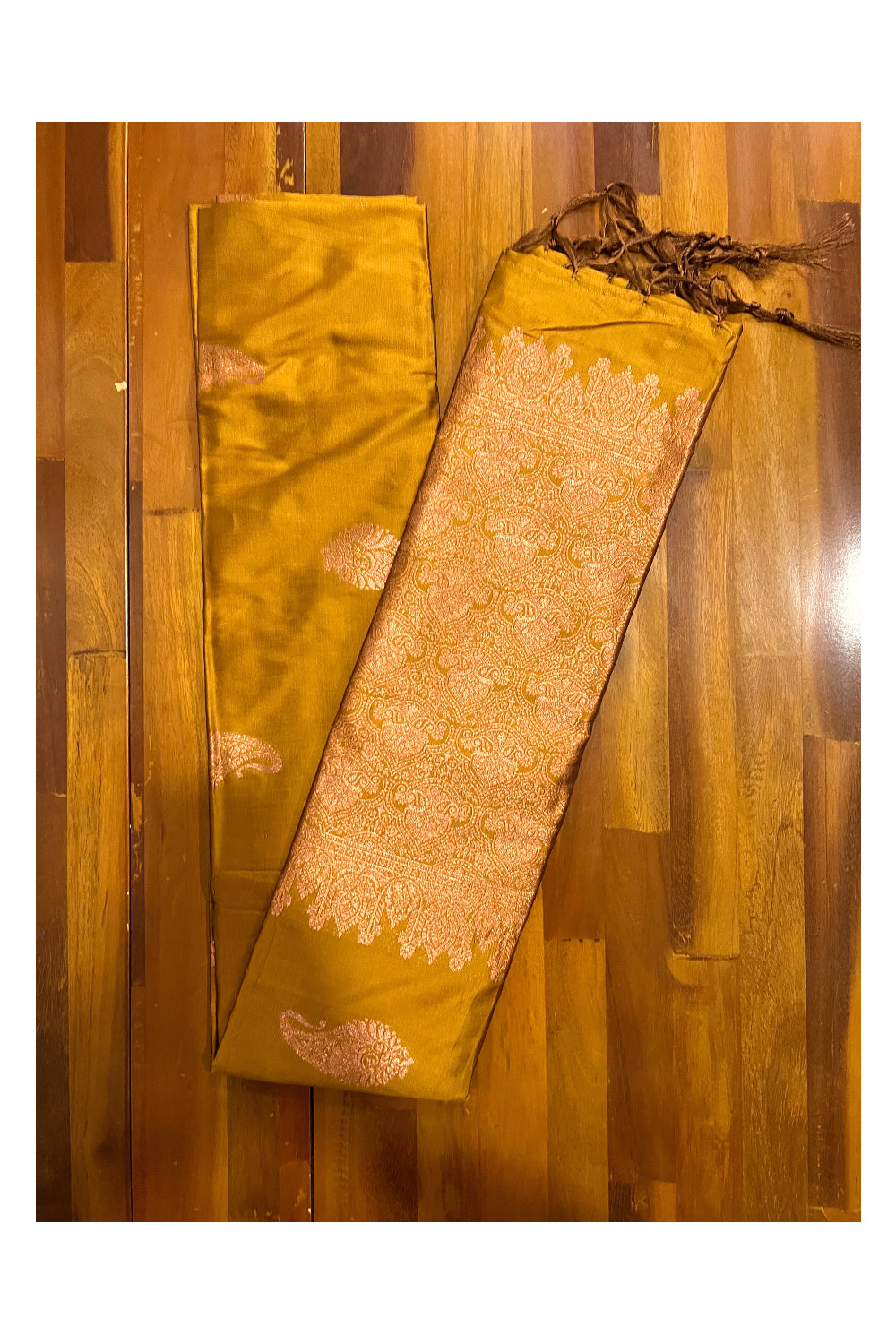 Southloom Golden Yellow Semi Silk Designer Saree with Copper Kasavu Woven Works on Body