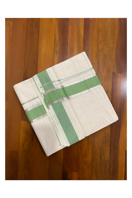 Off White Kerala Double Mundu with Silver Kasavu and Green Border (South Indian Dhoti)