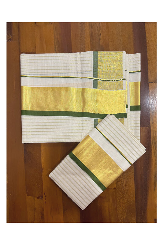 Kerala Cotton Set Mundu (Mundum Neriyathum) with Kasavu Lines on Body and Green Border 2.80 Mtrs