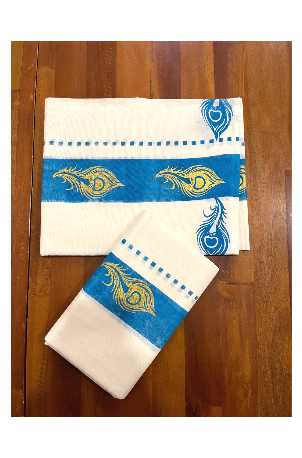 Kerala Cotton Set Mundu (Mundum Neriyathum) with Golden Feather Block Prints on Blue Border 2.80 Mtrs