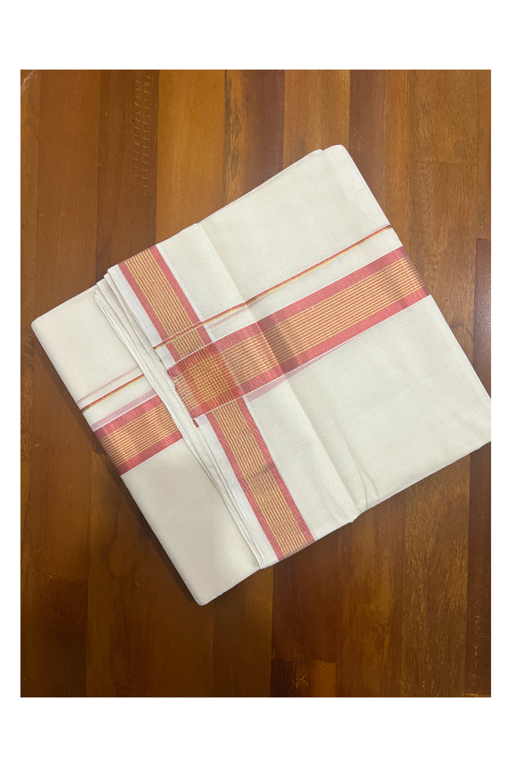 Southloom Premium Handloom Pure Cotton Mundu with Golden and Copper Red Kasavu Border (South Indian Dhoti)