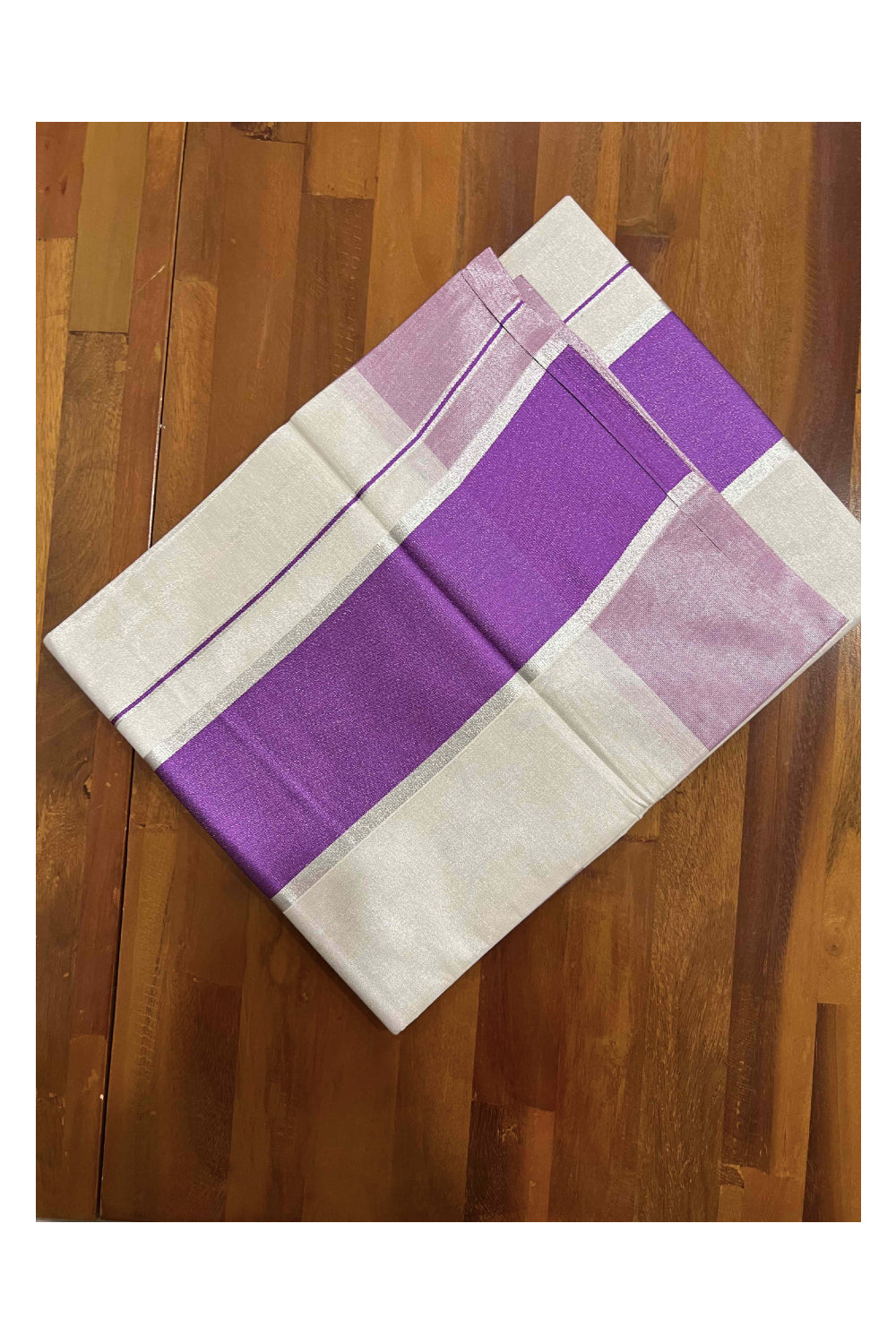 Kerala Kasavu Silver Tissue Saree with Magenta Kara and Border