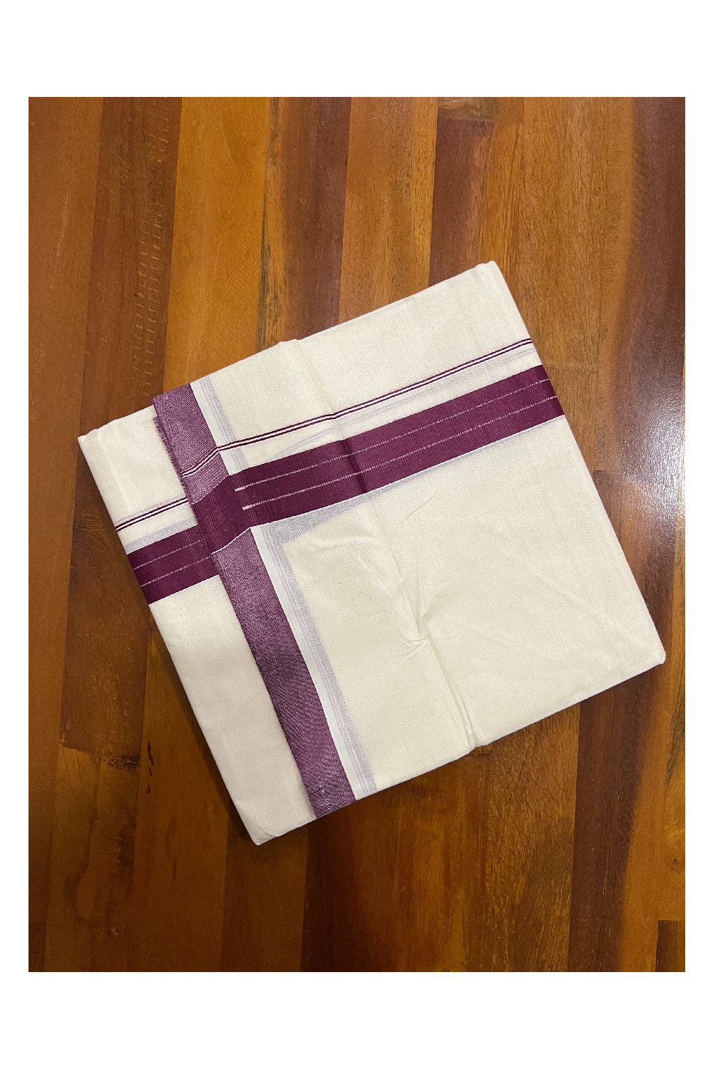 Pure Cotton Off White Double Mundu with Purple Border (South Indian Dhoti)