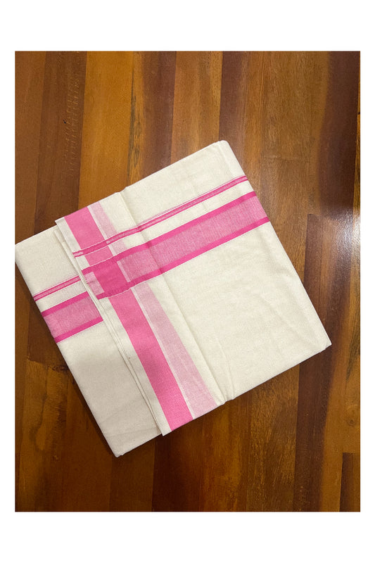 Off White Pure Cotton Double Mundu with Pink Border (South Indian Kerala Dhoti)