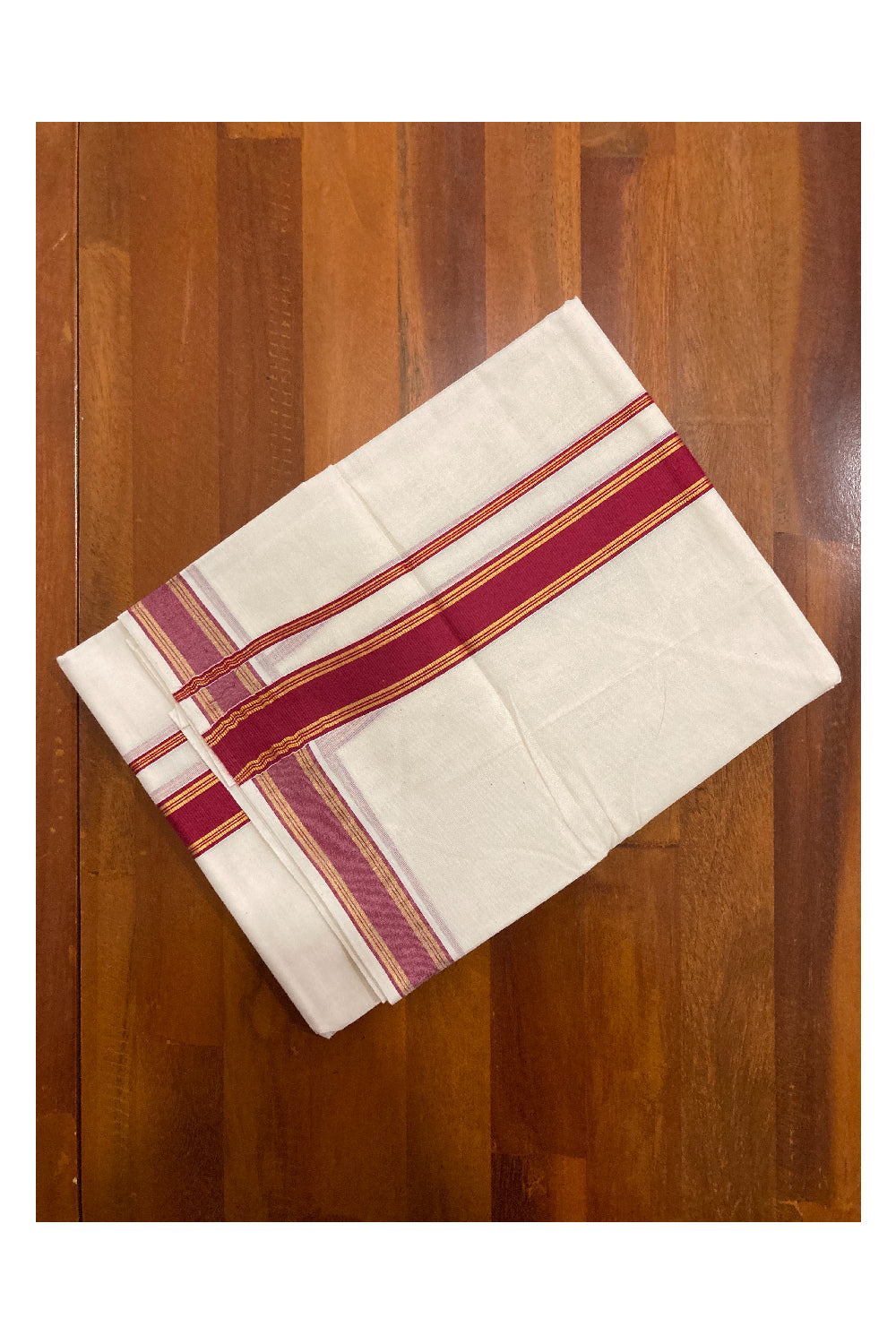 Off White Kerala Double Mundu with Kasavu and Dark Red Border (South Indian Dhoti)