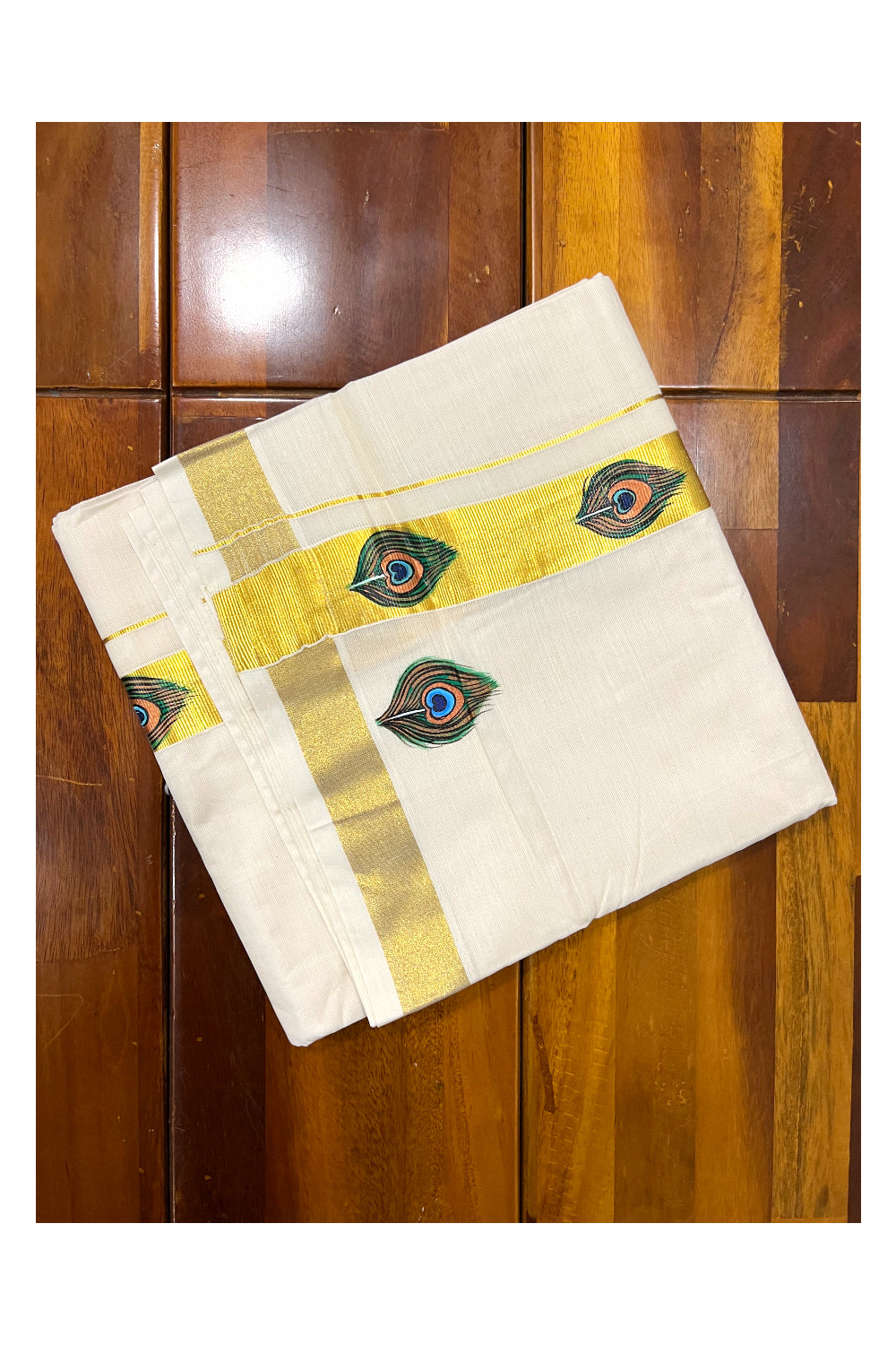 Pure Cotton Kasavu Mundu with Mural Hand Painted Feather Design (South Indian Dhoti)