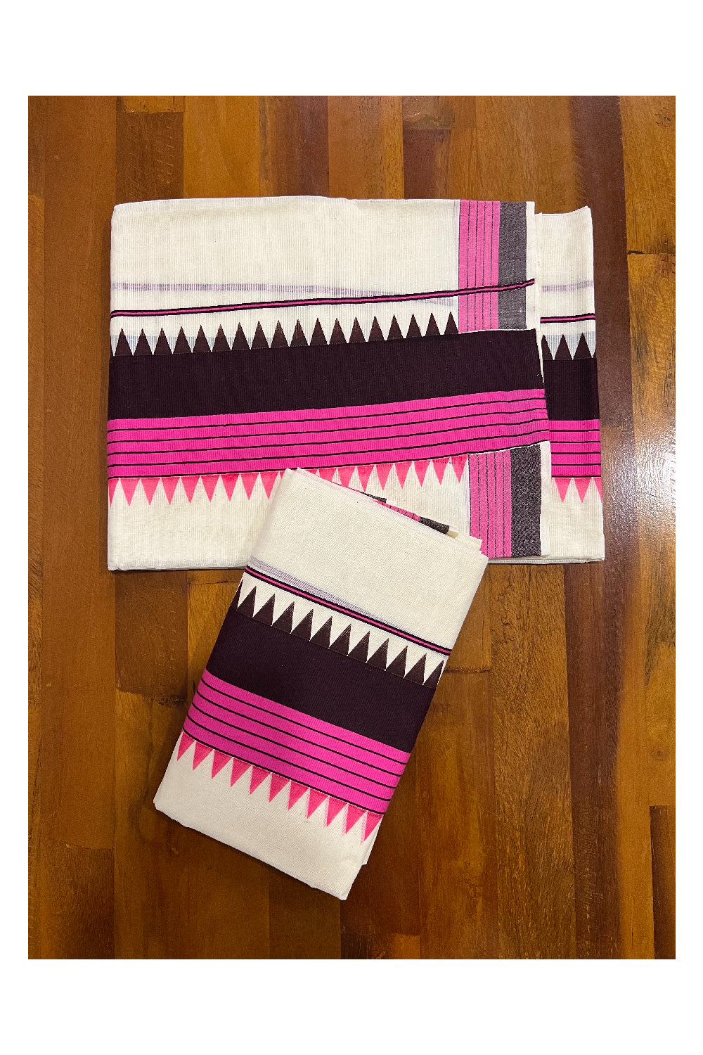 Pure Cotton Set Mundu (Mundum Neriyathum) with Pink and DarK Brown Temple Block Prints on Border