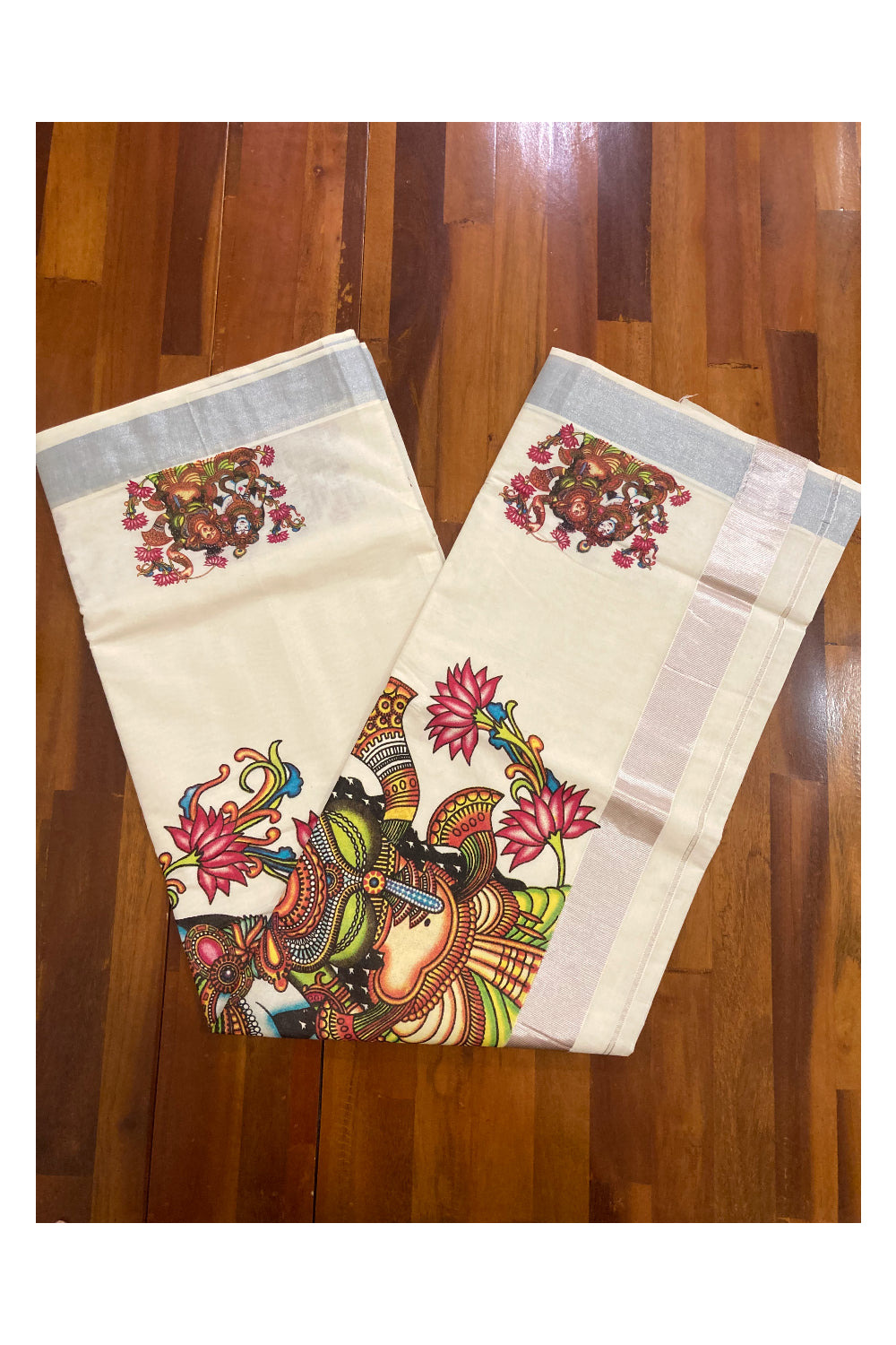 Pure Cotton Kerala Saree with Krishna Radha Mural Prints and Silver Border