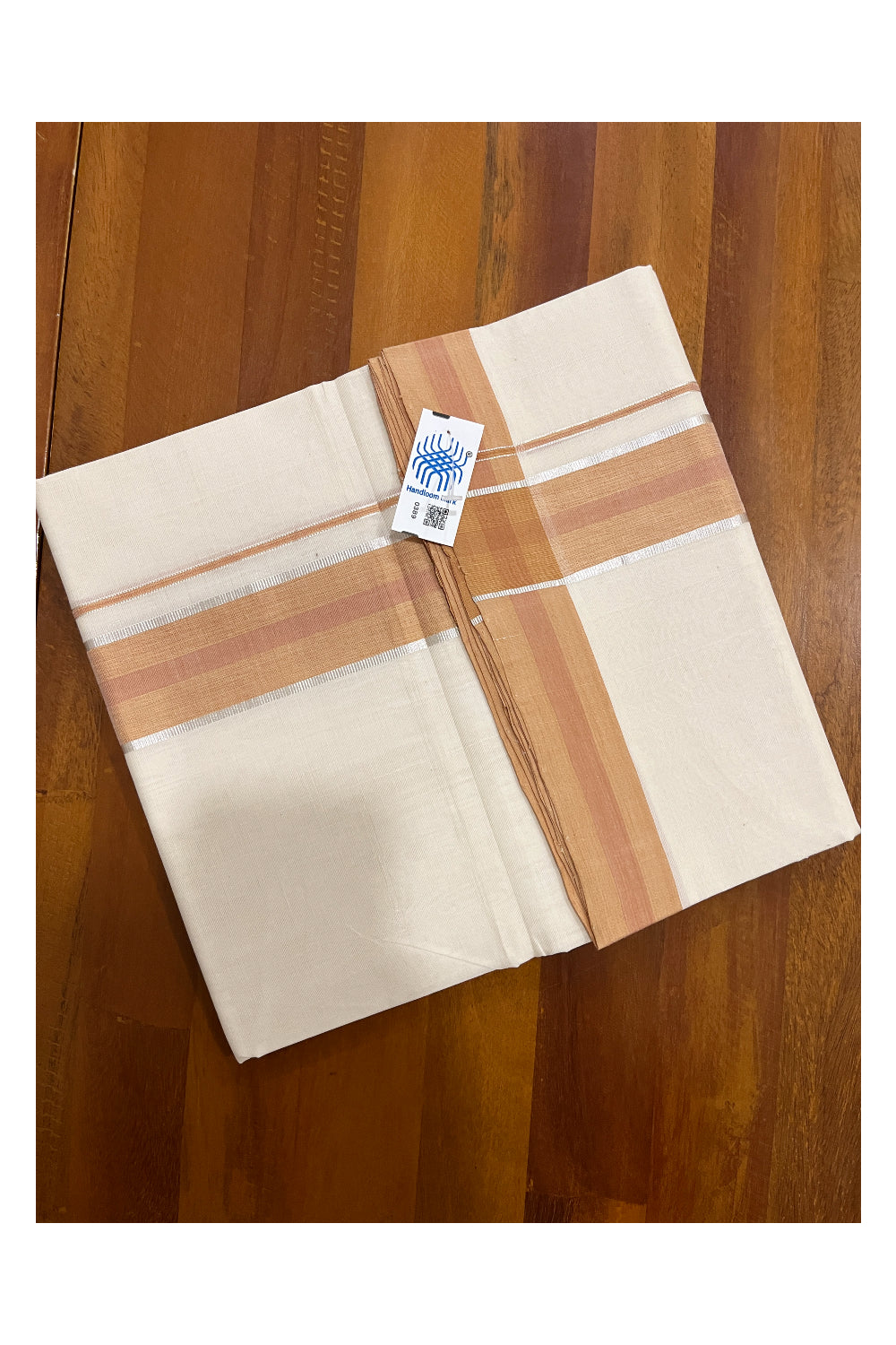 Southloom Premium Unakkupaavu Handloom Mundu with Silver Kasavu and Orange Border (South Indian Dhoti)