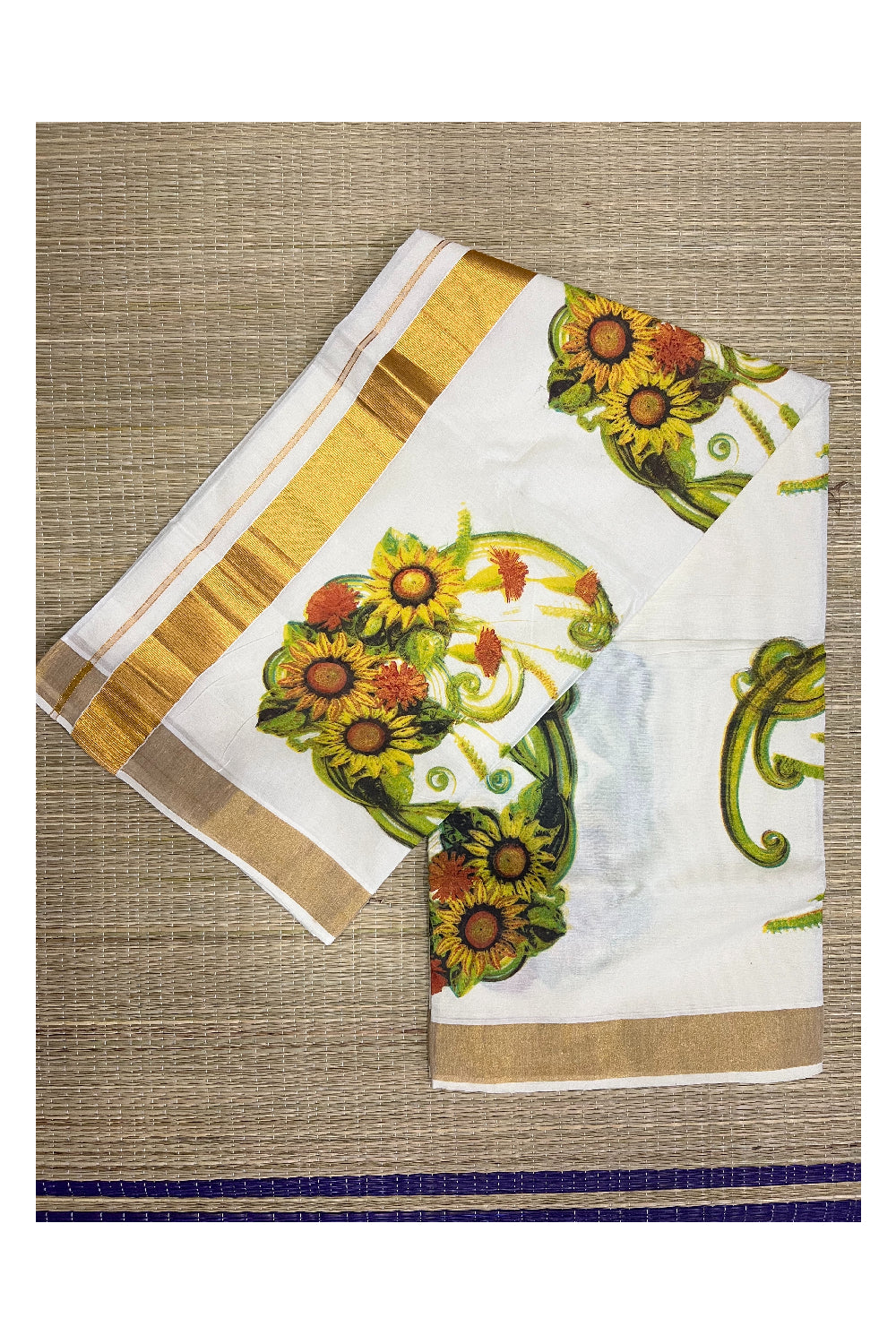 Kerala Cotton Kasavu Saree with Mural Printed Floral Design