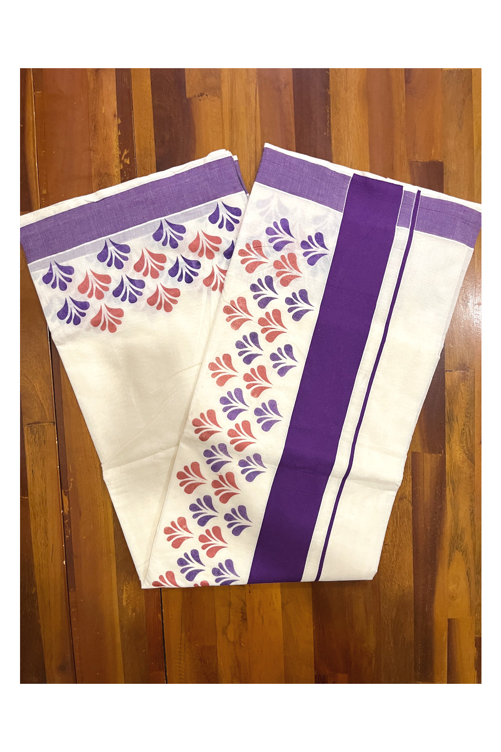 Pure Cotton Off White Kerala Saree with Violet and Red Block Prints in Violet Border