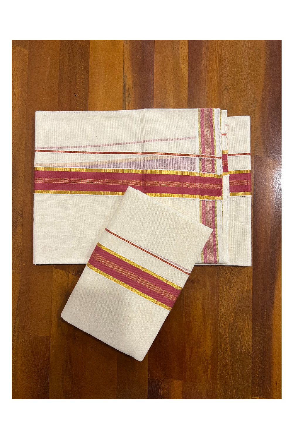 Kerala Cotton Mundum Neriyathum Single (Set Mundu) with Brick Red and Kasavu Border