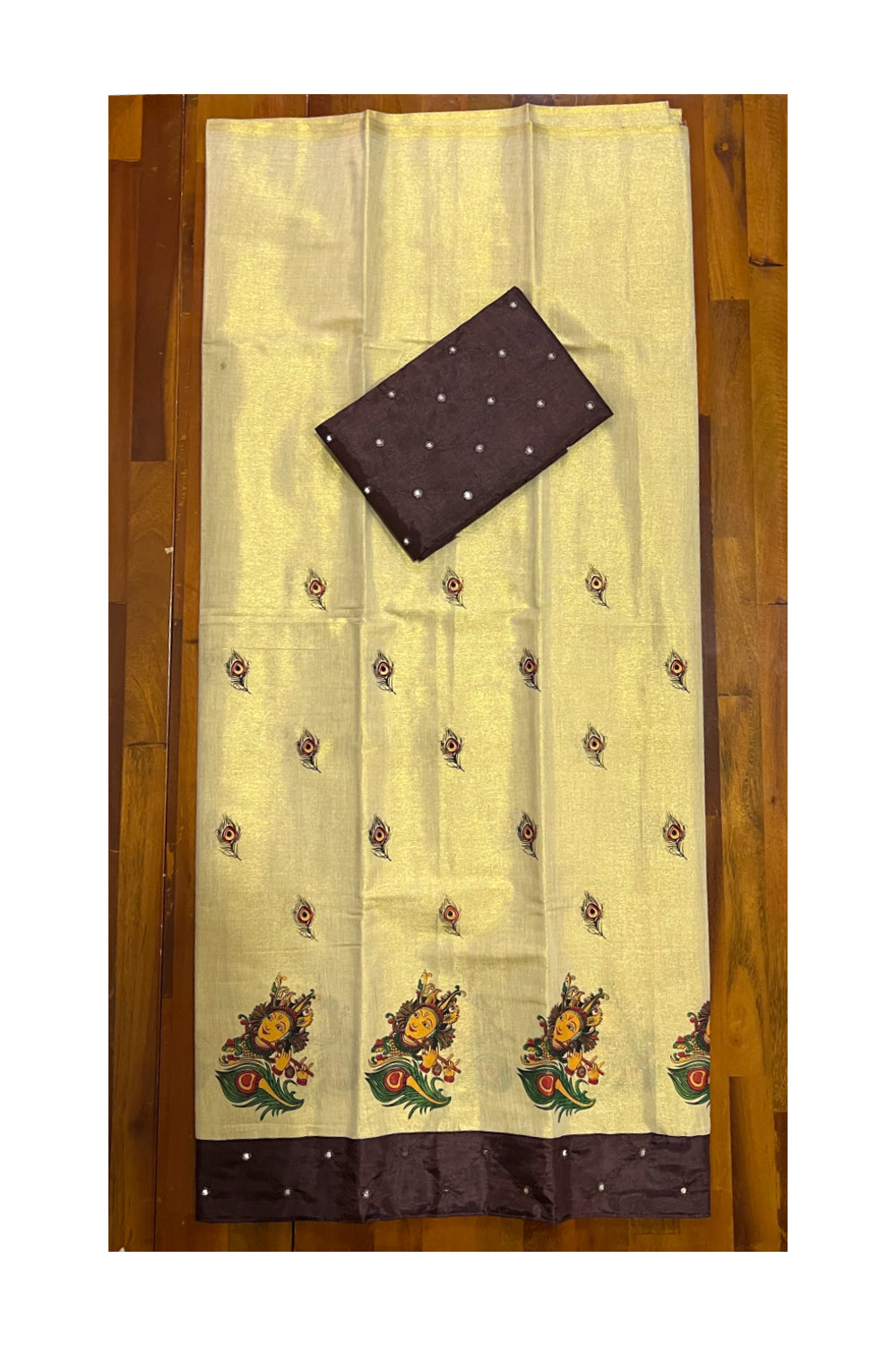 Kerala Tissue Mural Printed Pavada and Brown Blouse Material for Kids/Girls 4.3 Meters