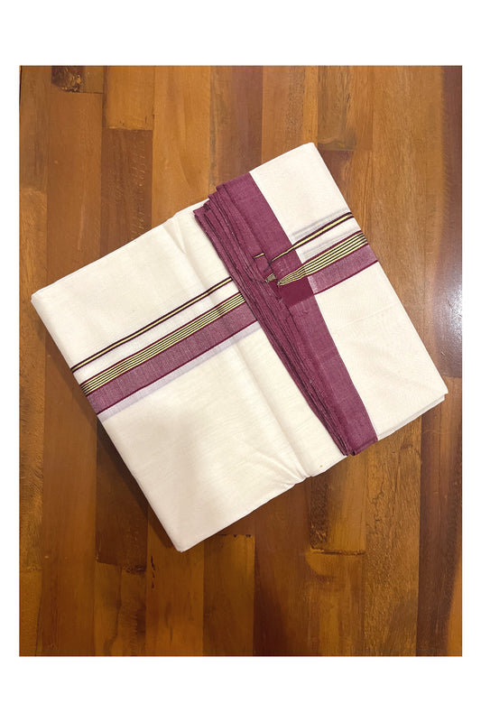 Southloom Premium Handloom Double Mundu with Maroon and Kasavu Border (South Indian Kerala Dhoti)