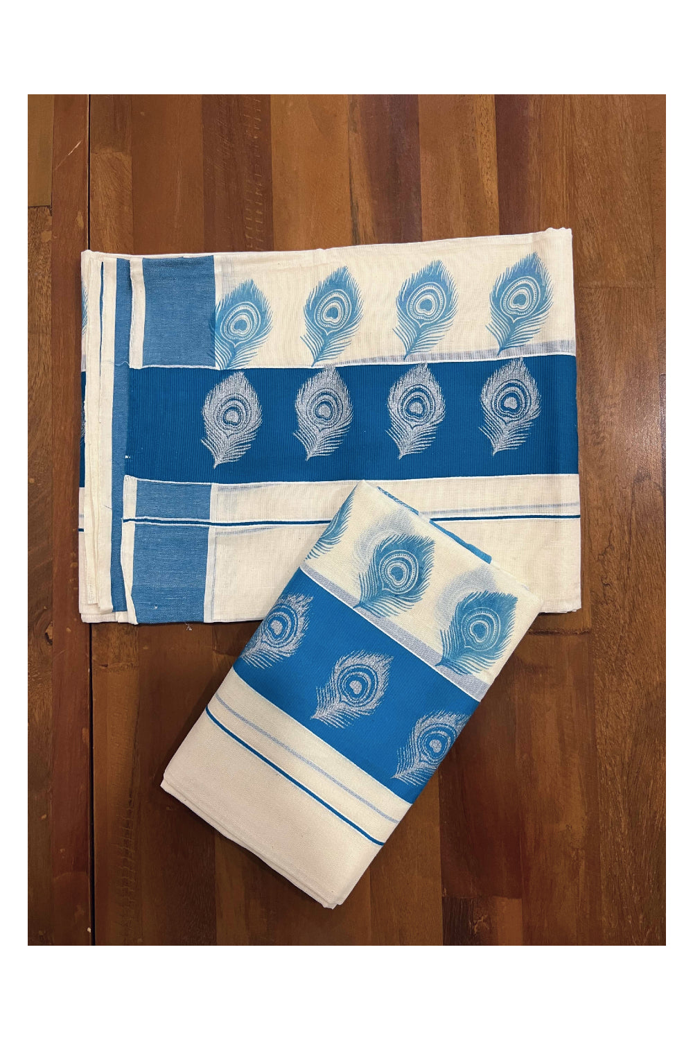 Kerala Cotton Set Mundu (Mundum Neriyathum) with Blue Peacock Feather Block Prints on Border