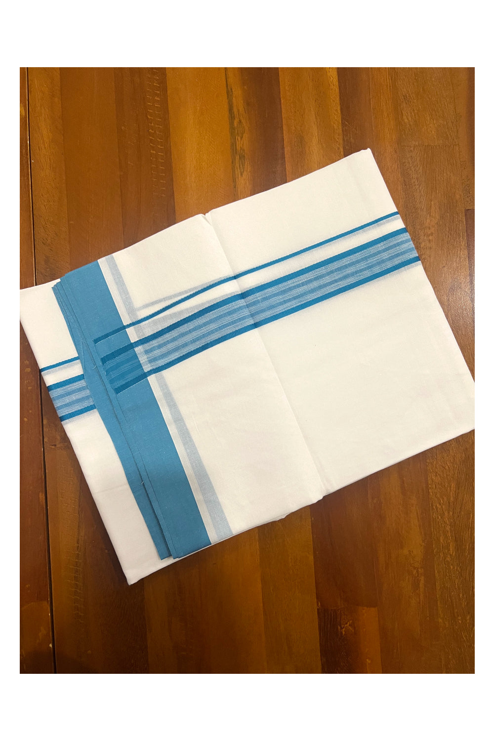 Pure White Cotton Double Mundu with Blue Border (South Indian Dhoti)