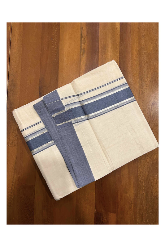 Off White Kerala Double Mundu with Silver Kasavu and Greyish Blue Border (South Indian Dhoti)