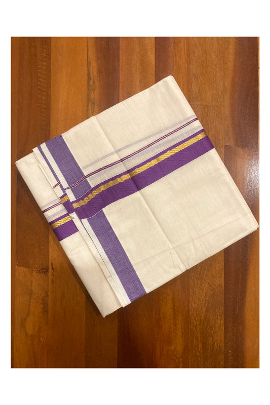 Pure Cotton Double Mundu with Violet and Kasavu Border (South Indian Dhoti)