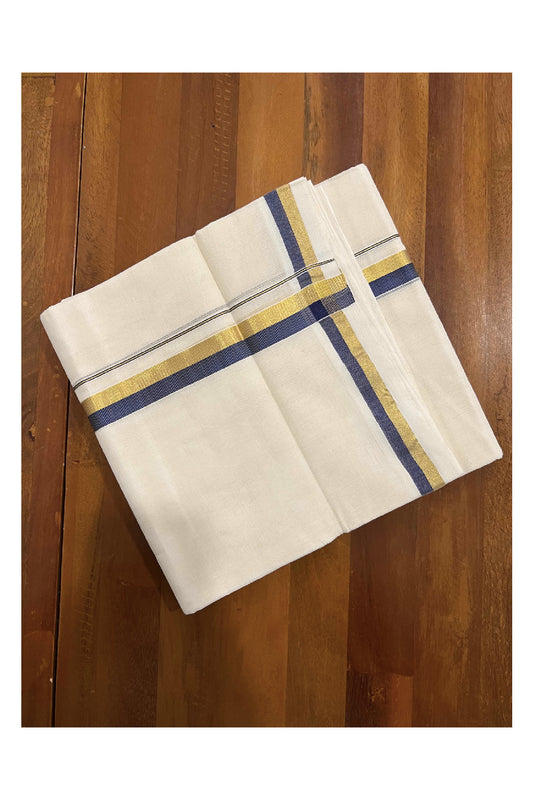 Southloom Kuthampully Pure Cotton Handloom Mundu with Golden and Navy Blue Kasavu Border