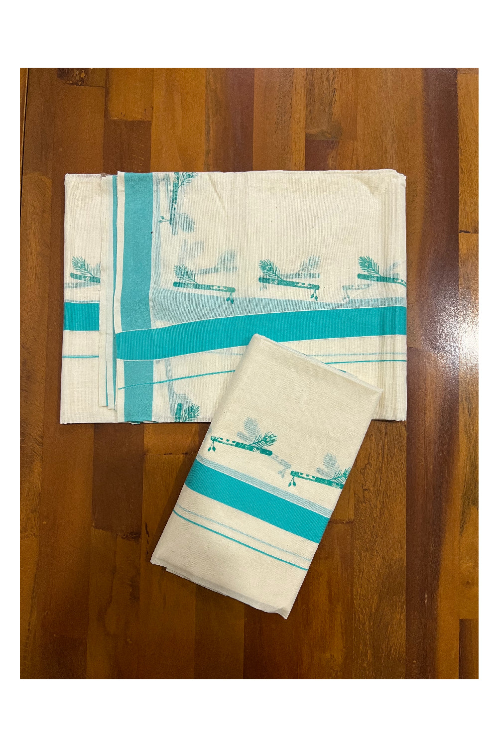 Pure Cotton Set Mundu (Mundum Neriyathum) with Turquoise Feather Flute Block Prints on Border