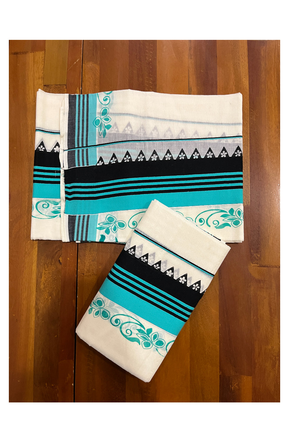 Kerala Cotton Set Mundu (Mundum Neriyathum) with Floral Prints on Turquoise Black Border