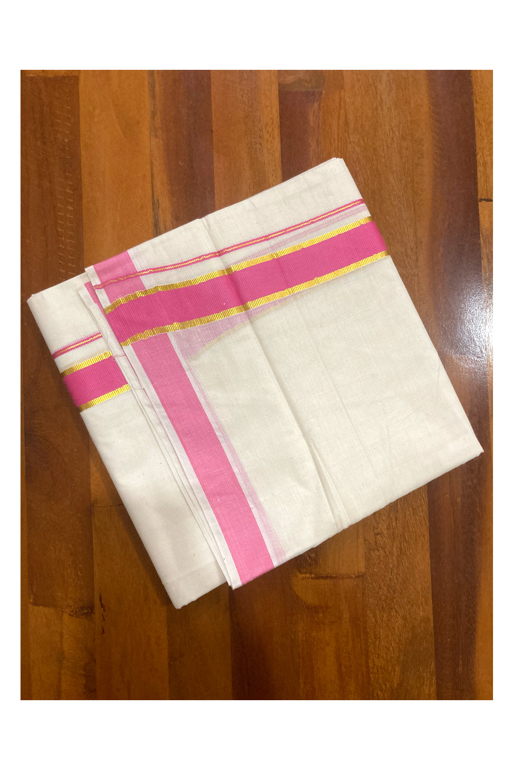 Off White Pure Cotton Double Mundu with Kasavu and Pink Border (South Indian Kerala Dhoti)