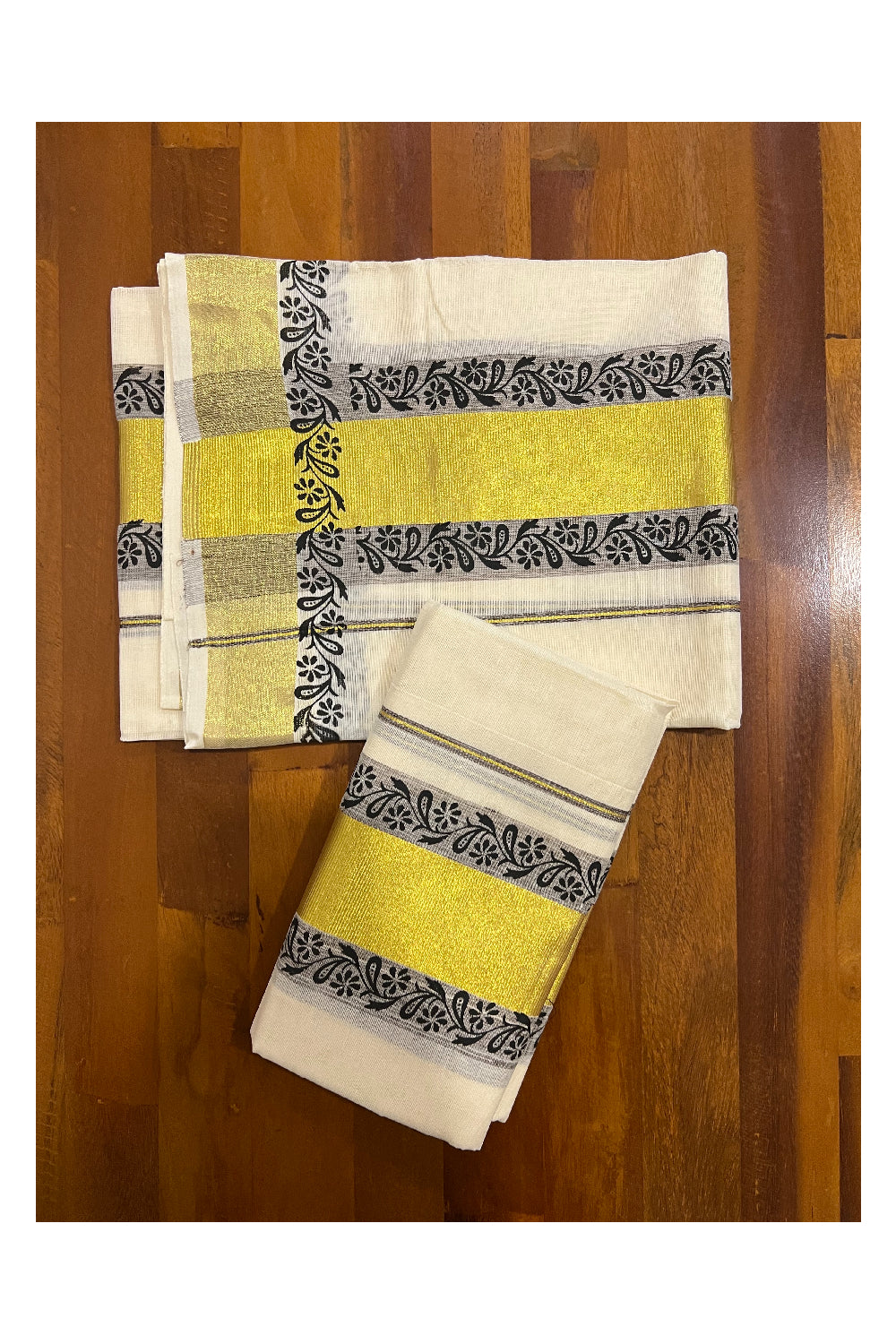 Pure Cotton Kasavu Set Mundu (Mundum Neriyathum) with Dark Brown Floral Block Prints on Border