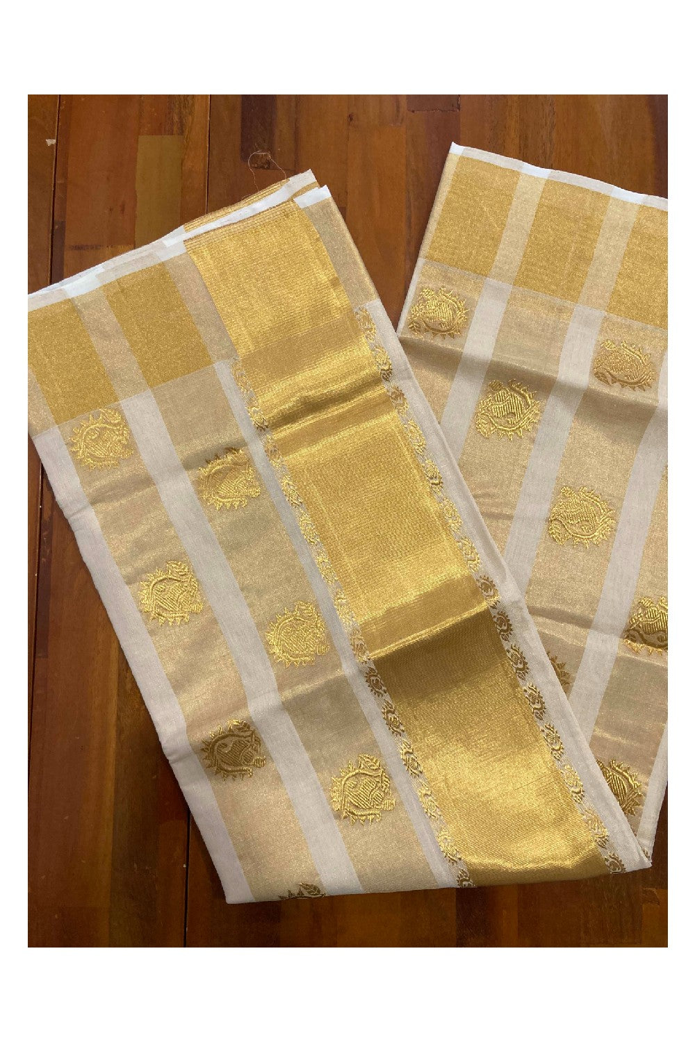 Southloom Kuthampully Premium Handloom Tissue Heavy Work Saree with Paisley Motifs