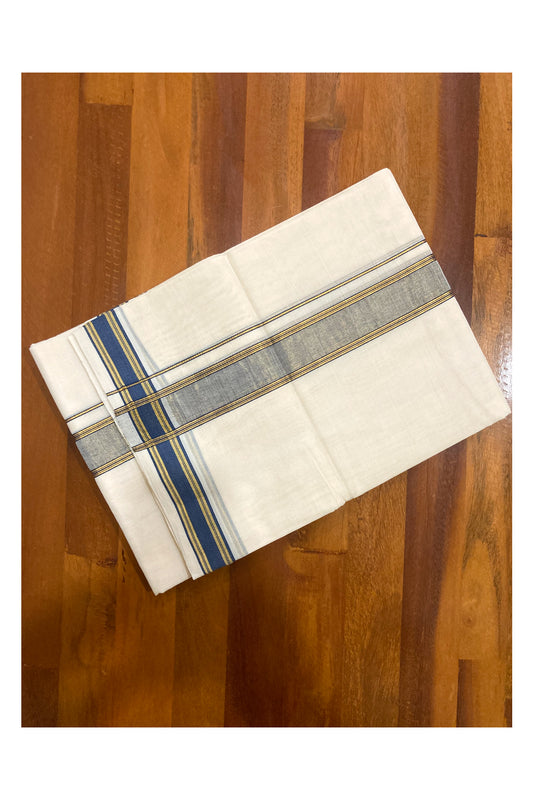 Southloom Premium Handloom Pure Cotton Mundu with Blue and Kasavu Border (South Indian Dhoti)