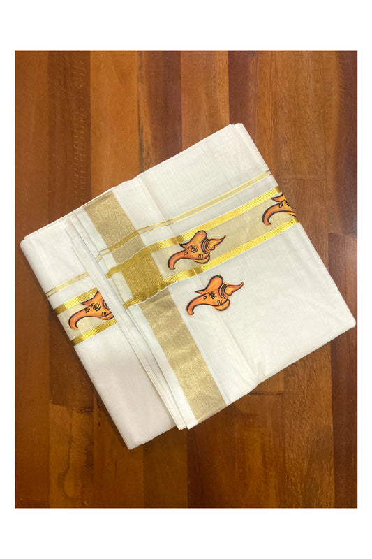 Off White Pure Cotton Double Mundu with Mural Prints on Kasavu Kara (South Indian Dhoti)