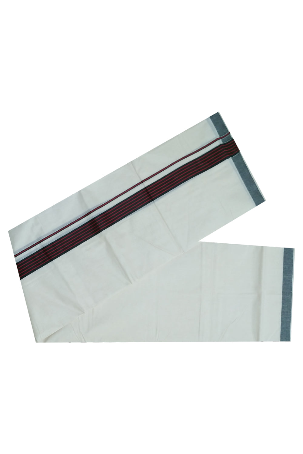 Off White Pure Cotton Mundu with Maroon lines on Black Border (South Indian Dhoti)