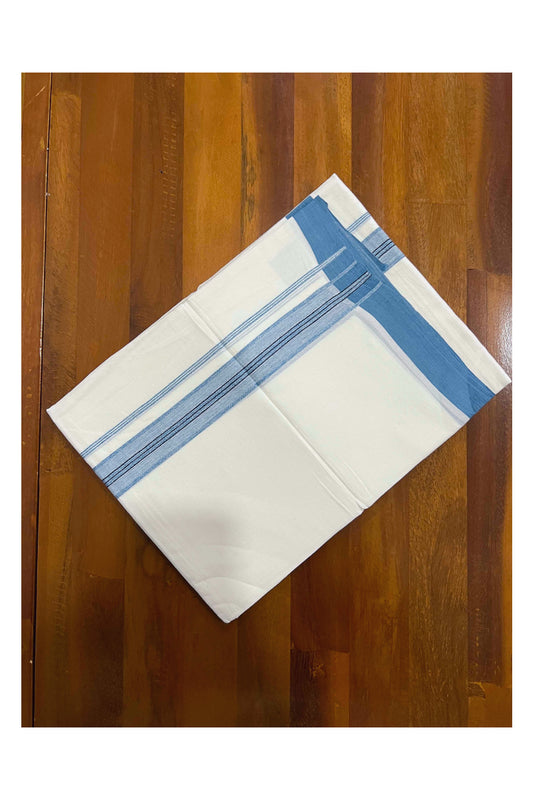 Pure White Cotton Mundu with Teal Blue Kara (South Indian Dhoti)