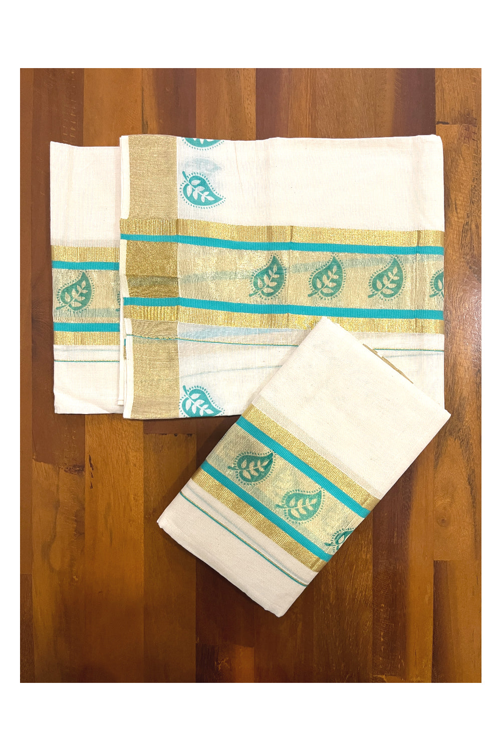 Pure Cotton Kasavu Single Set Mundu (Mundum Neriyathum) with Turquoise Block Printed Border