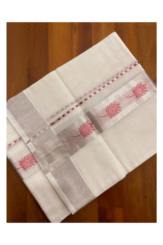 Southloom Handloom Premium Silver Kasavu Double Dhoti with Woven Design Border