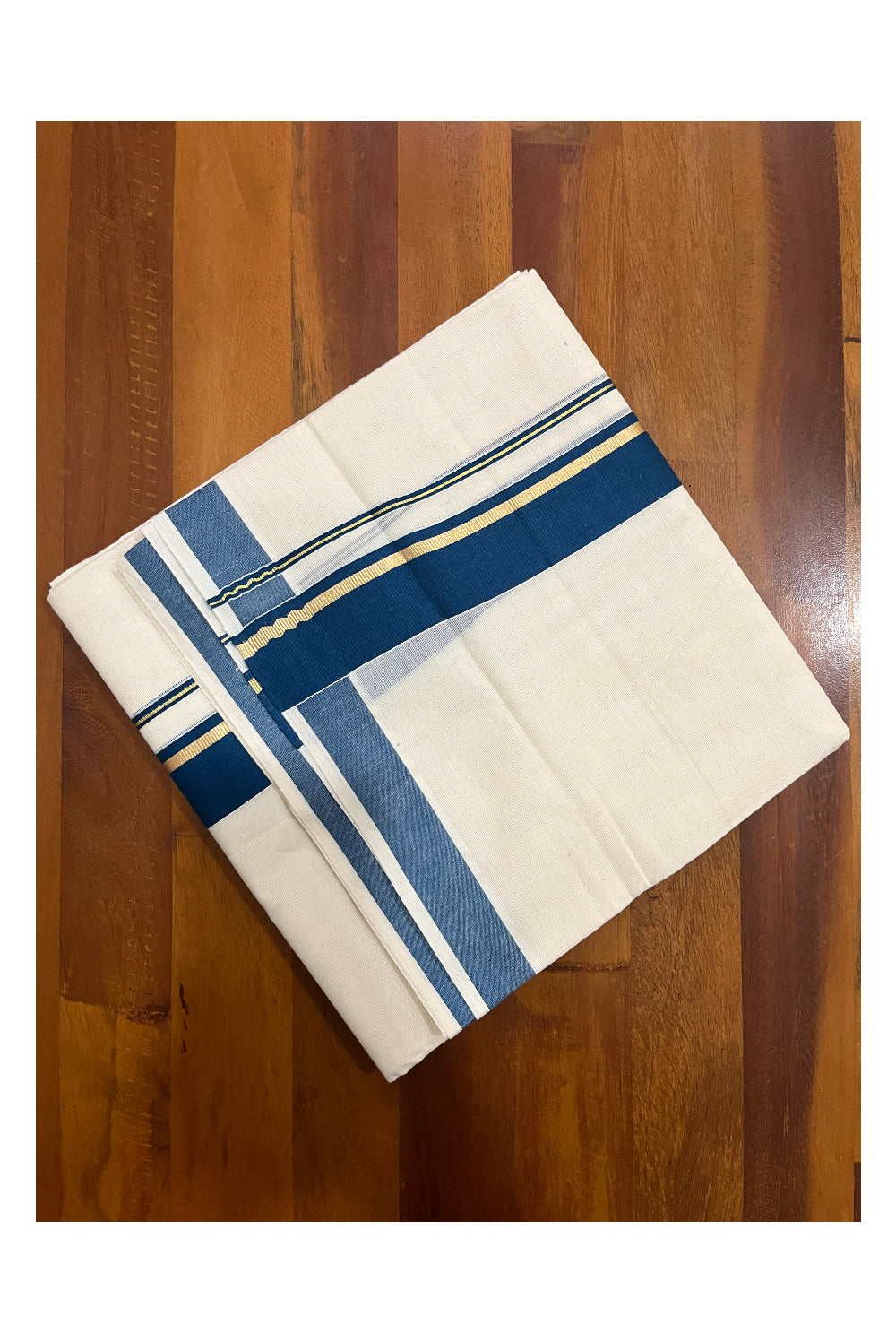 Pure Cotton Double Mundu with Blue and Kasavu Kara (South Indian Dhoti)