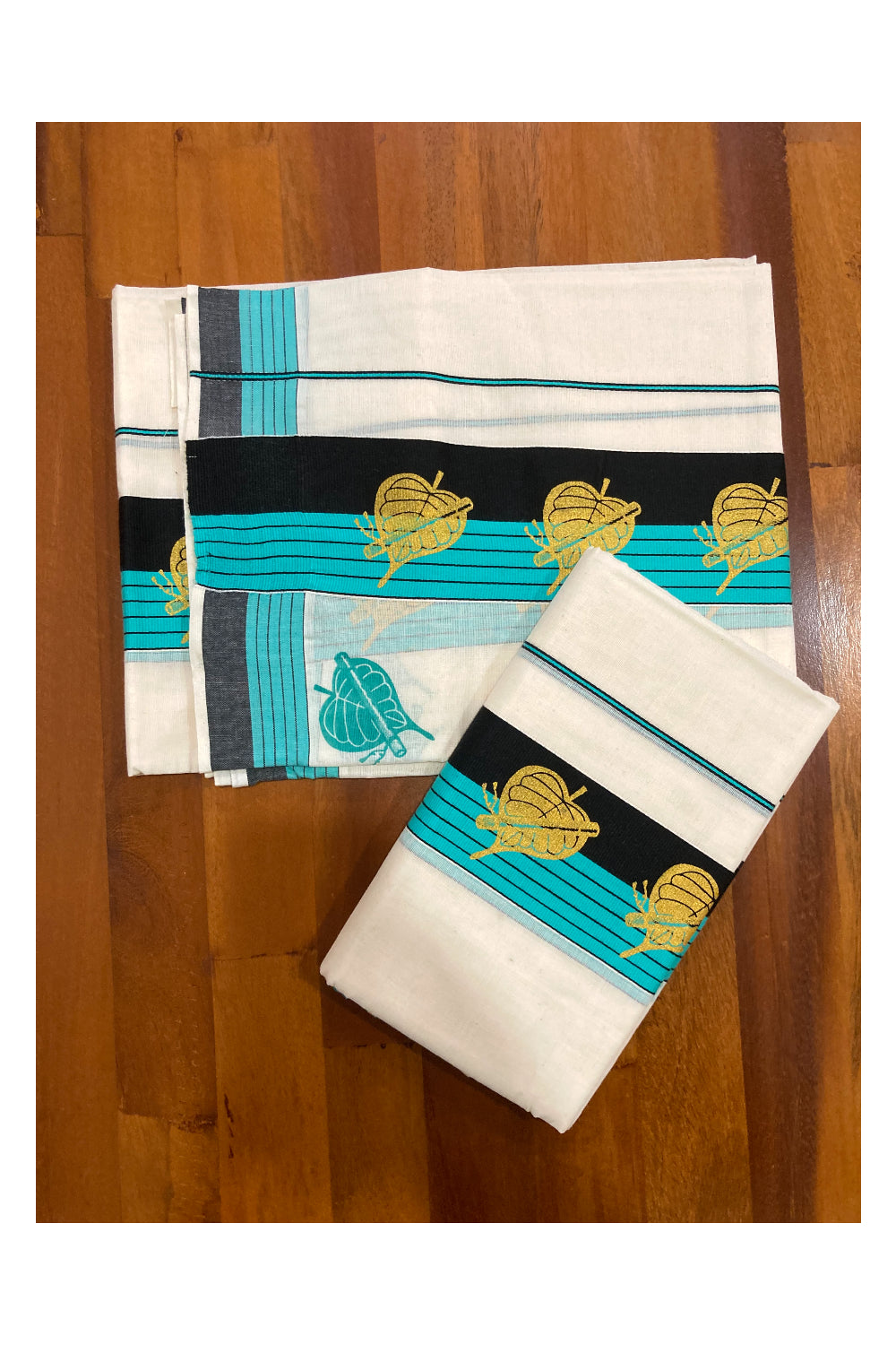 Cotton Set Mundu (Mundum Neriyathum) with Golden Block Prints on Turquoise and Black Border