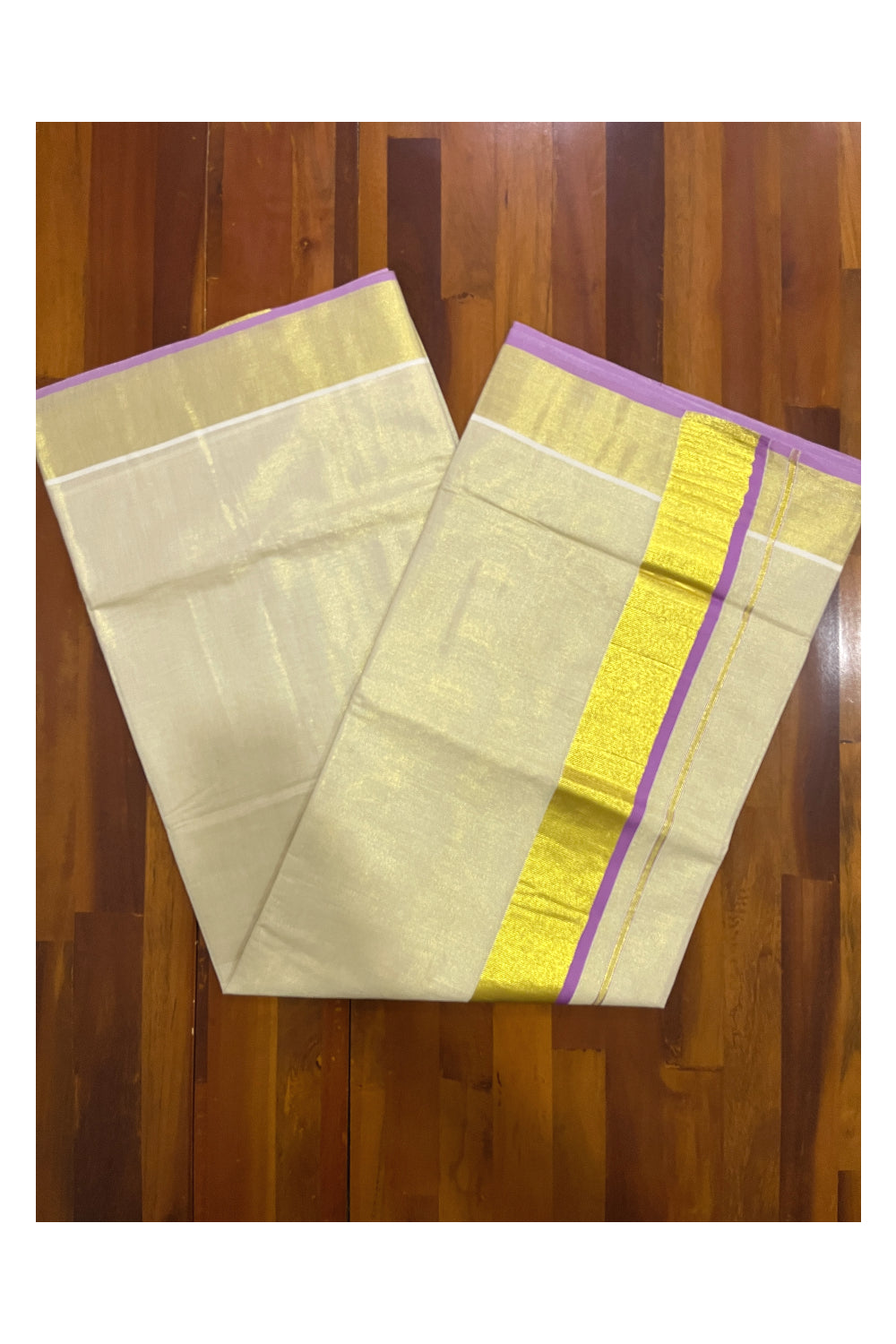 Kerala Kasavu Tissue Saree with Violet Narrow Border