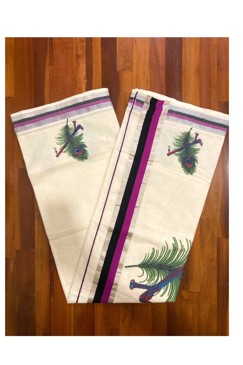 Pure Cotton Kerala Saree with Feather Flute Mural Prints and Silver Magenta Black Border