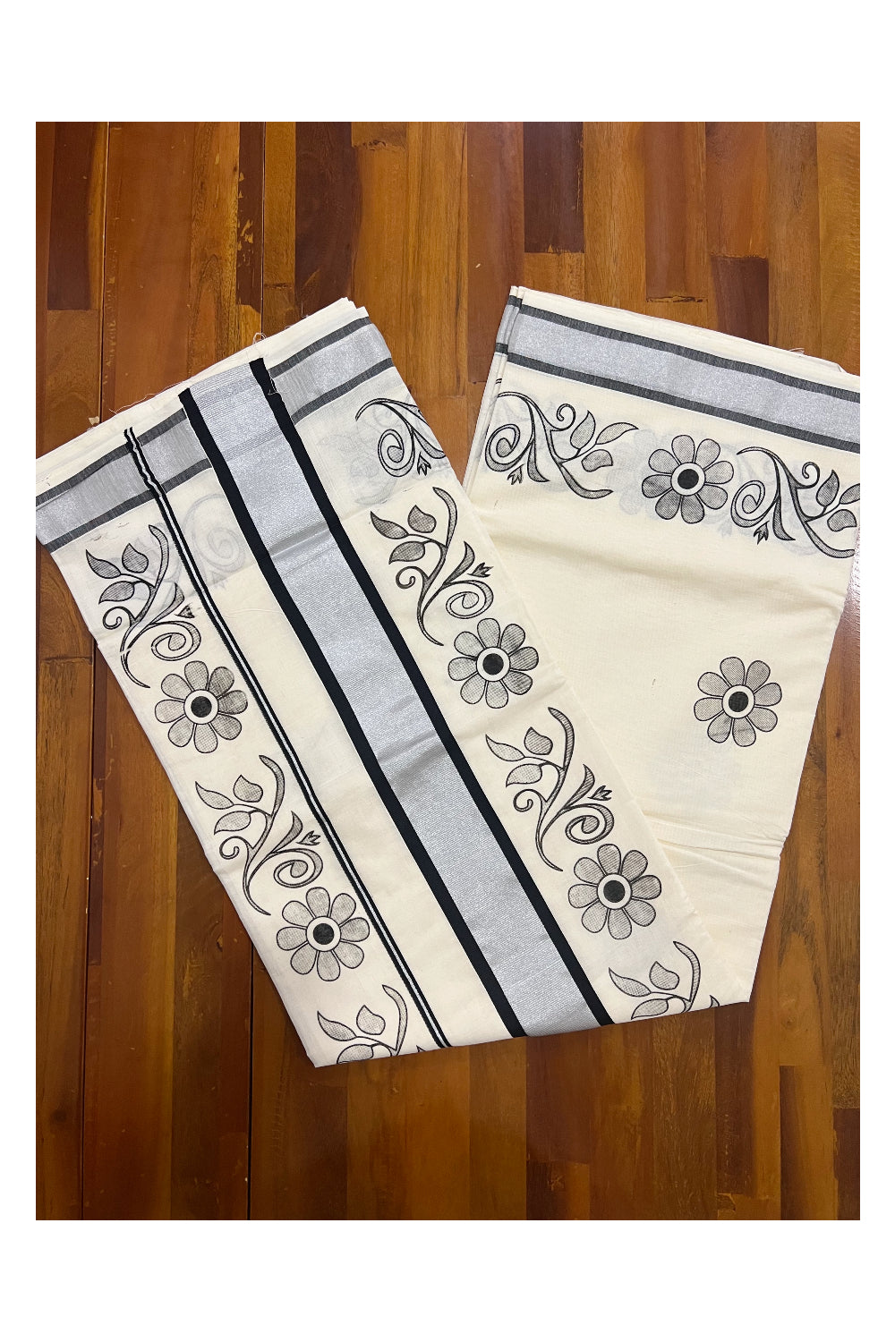 Pure Cotton Kerala Silver Kasavu Saree with Black Floral Block Printed Design