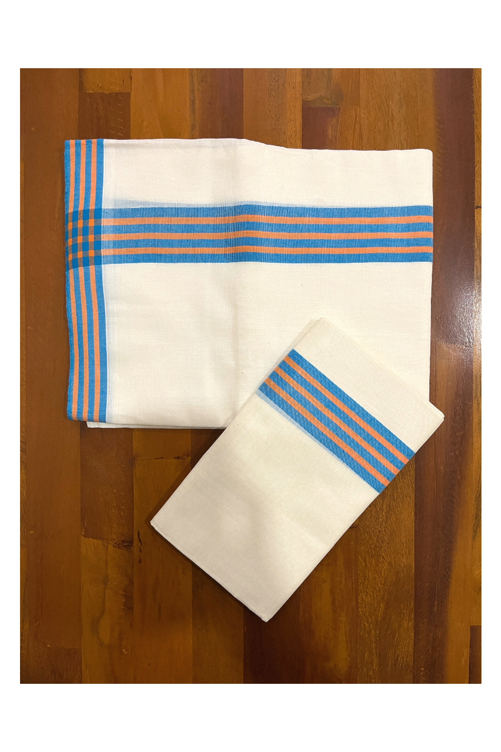 Kerala Cotton Mundum Neriyathum Single (Set Mundu) with Blue and Orange Mulloth Border (Extra Soft Cotton)