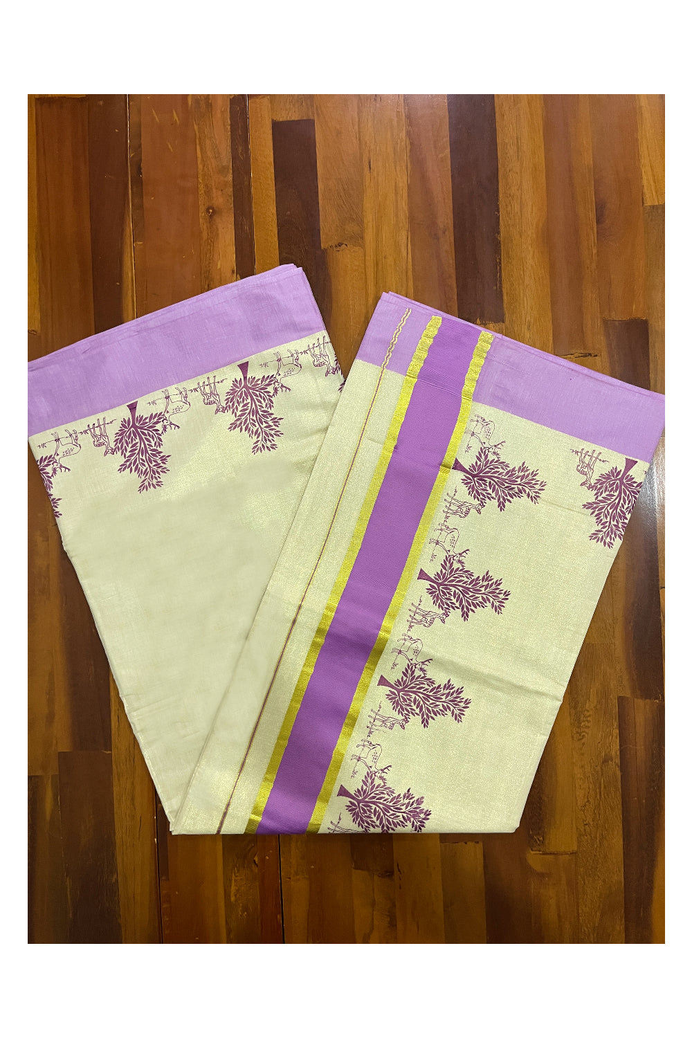 Kerala Tissue Kasavu Saree with Violet Block Prints