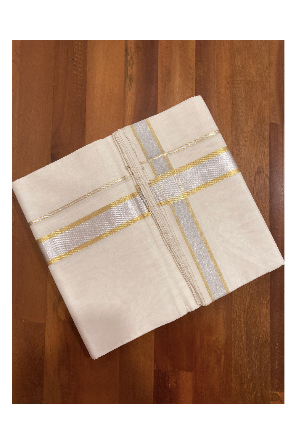 Southloom Balaramapuram Unakkupaavu Premium Wedding Handloom Mundu with Golden and Silver Kasavu Border