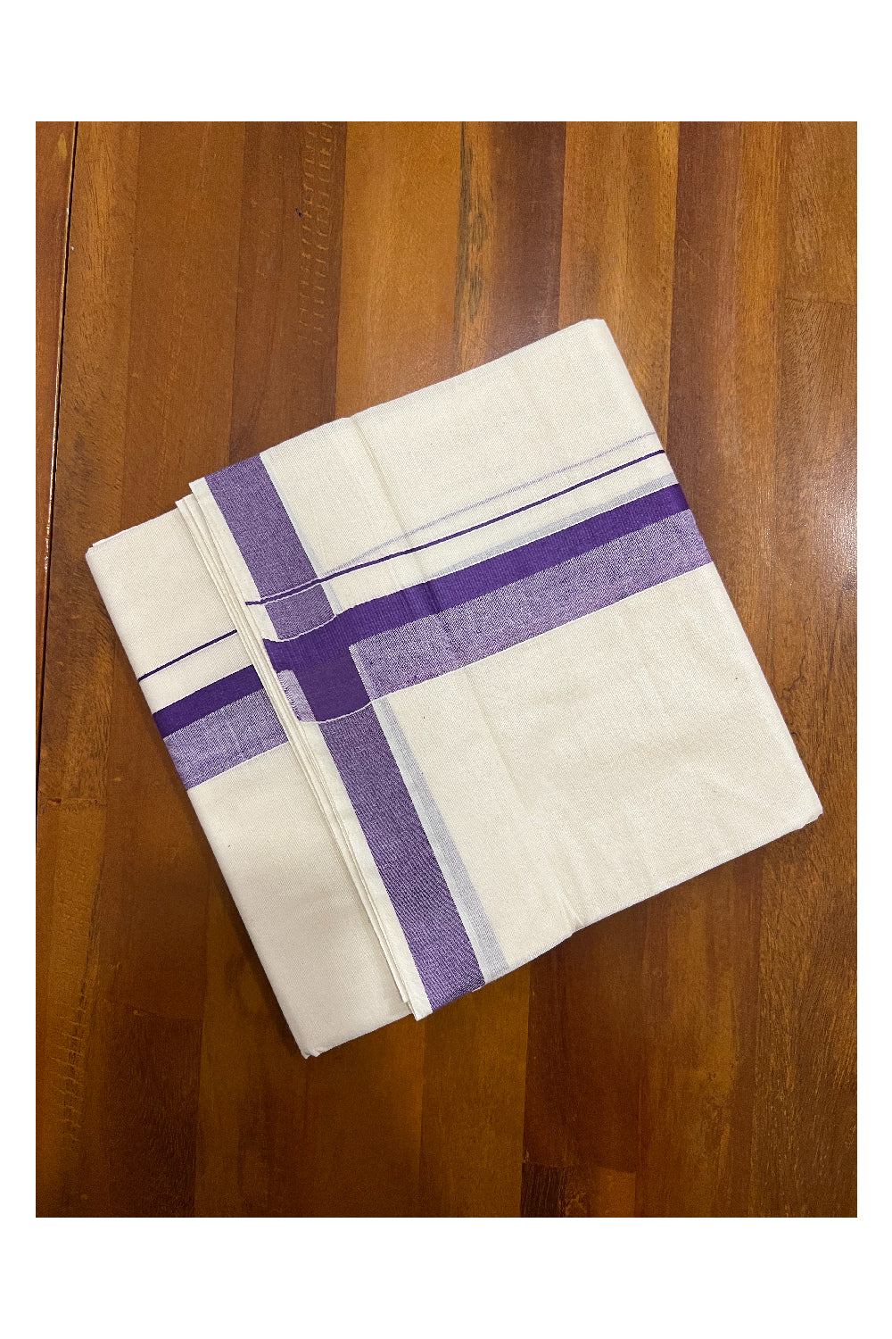 Off White Kerala Double Mundu with Violet Shaded Kara (South Indian Dhoti)