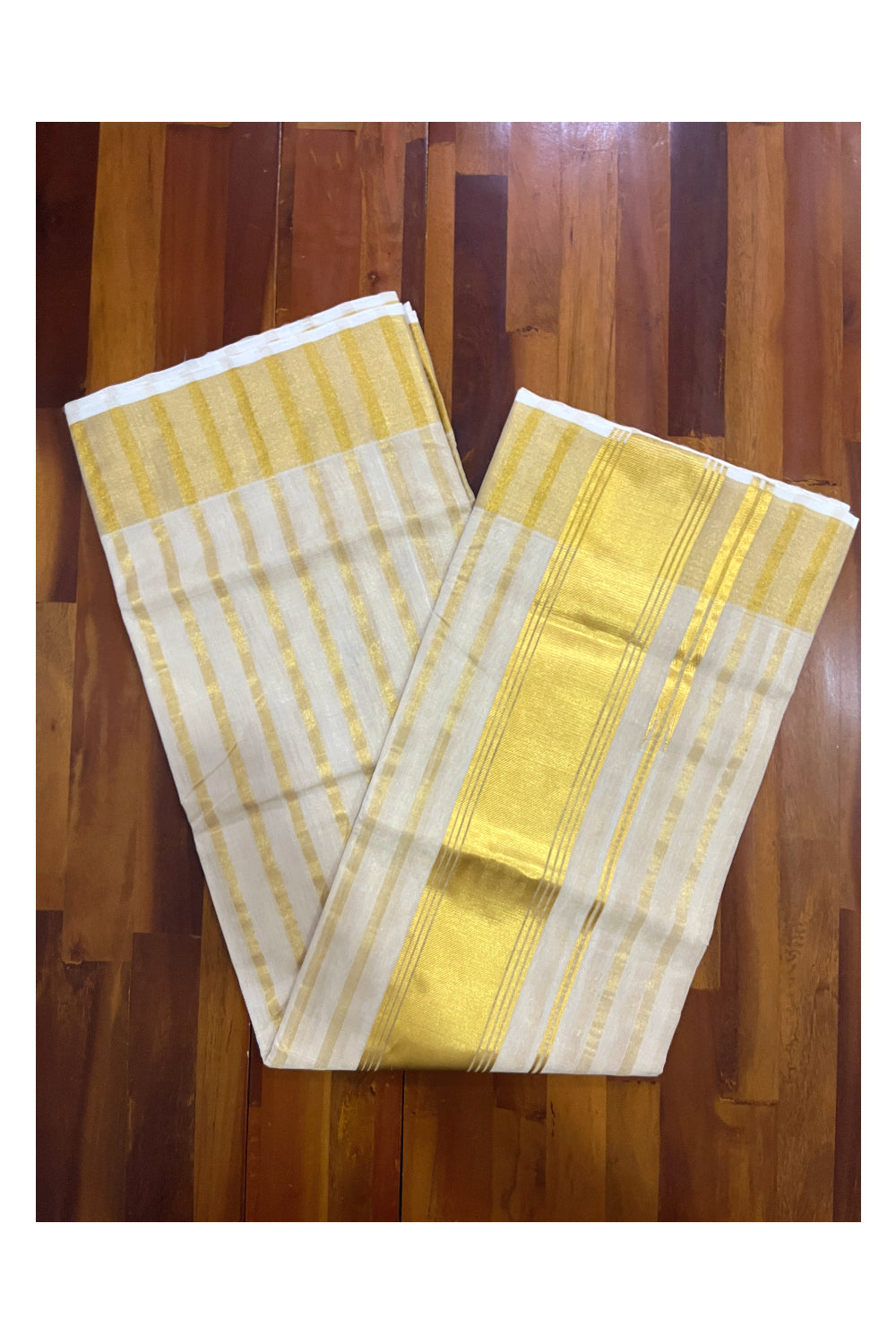 Southloom Premium Handloom Tissue Kasavu Saree with Wide Lines Across Body