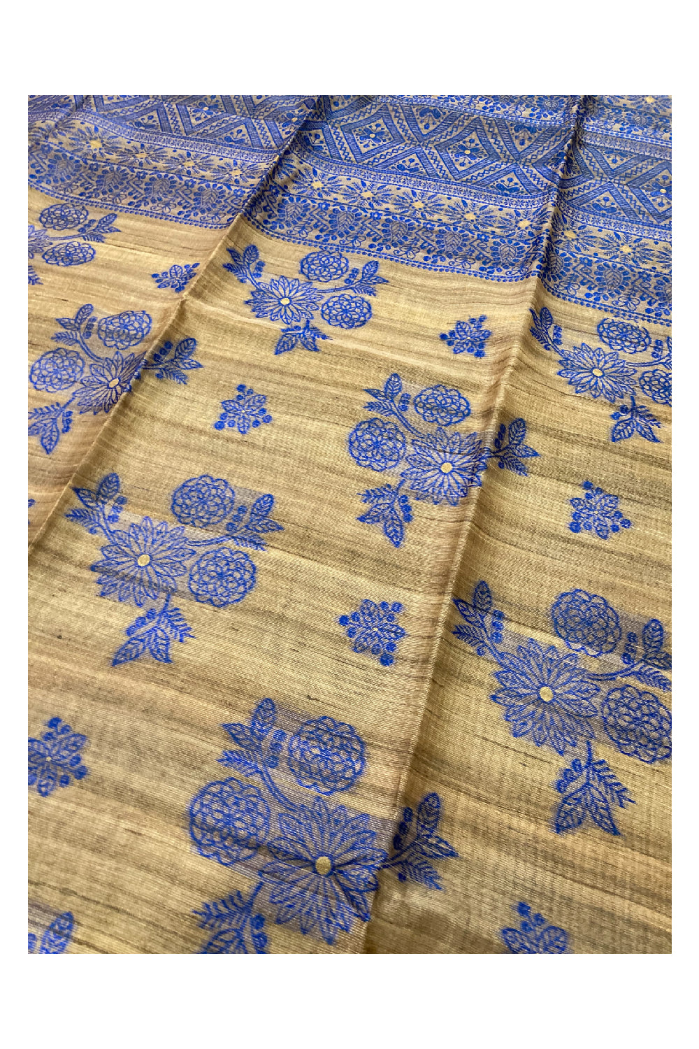Southloom Semi Tussar Blue Floral Print on Grey Designer Saree and Blue Pallu